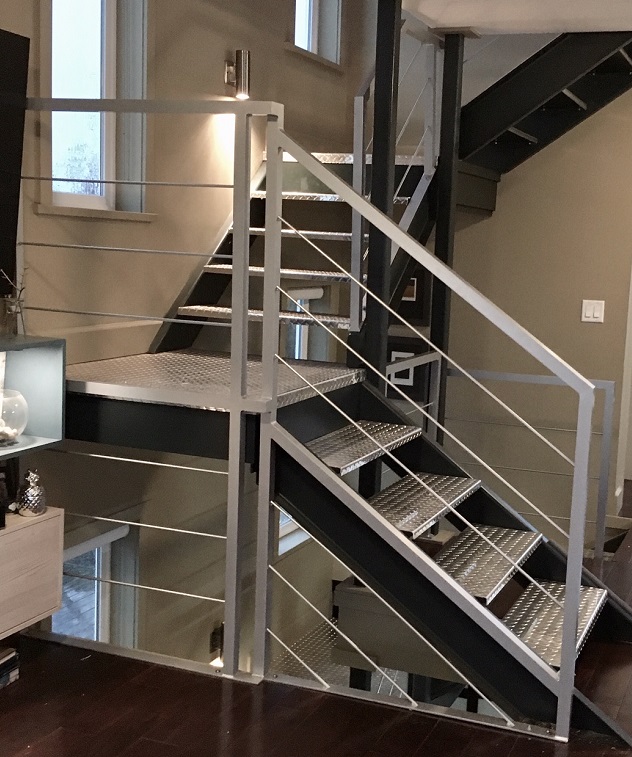 modern interior railing, cable, rod, silver, stainless steel